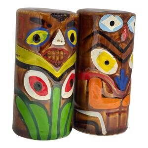 Vintage Hand Painted Wales Tiki Totem Pole Faces Japan 1950's Salt & Pepper Set